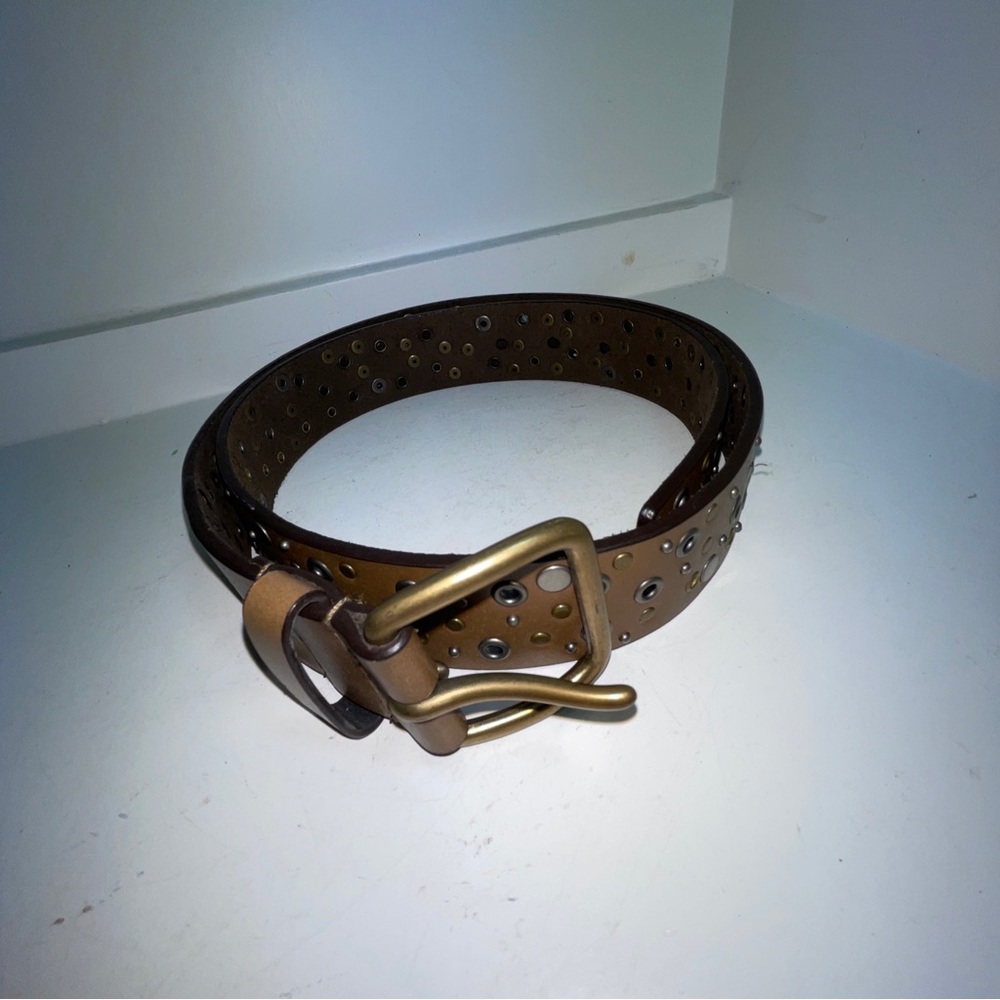 Large genuine bonded leather embellished women’s belt with brass toned buckle